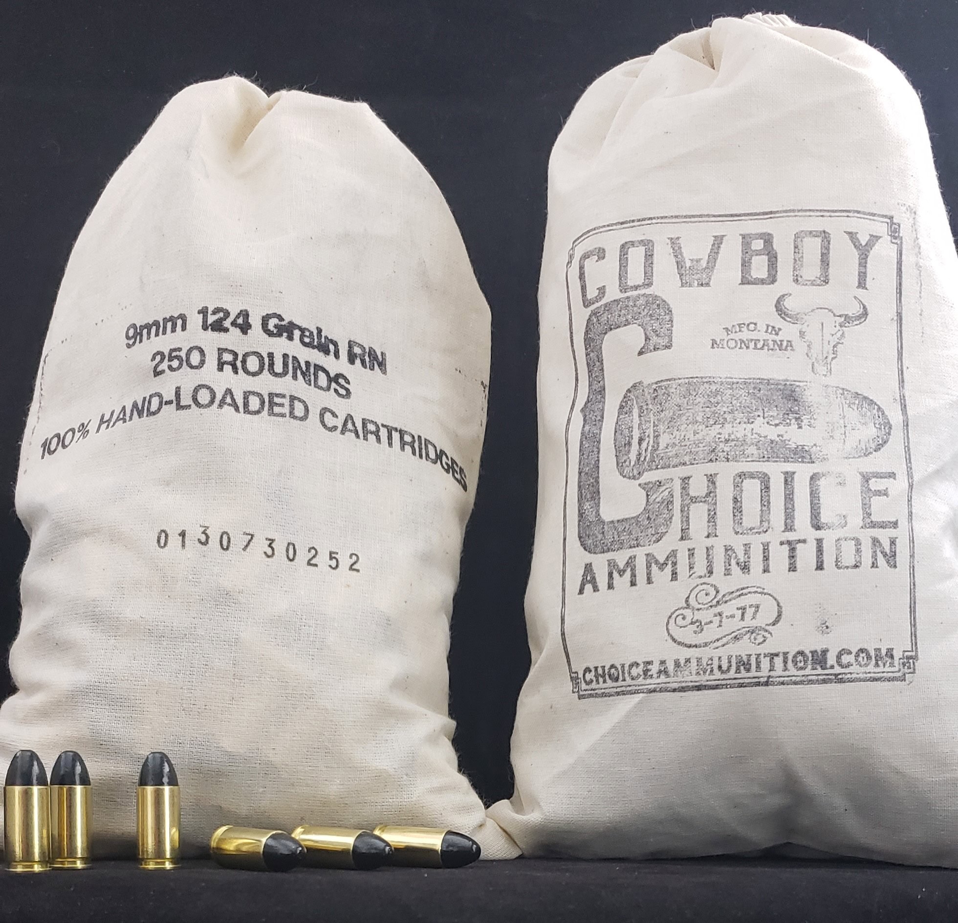 124RNL9MMWF250CCB Choice Ammunition (1) 9mm Cowboy Action 124 Grain "Wells Fargo Bag" RN Hi-Tek Coated~100% Hand-Loaded!!